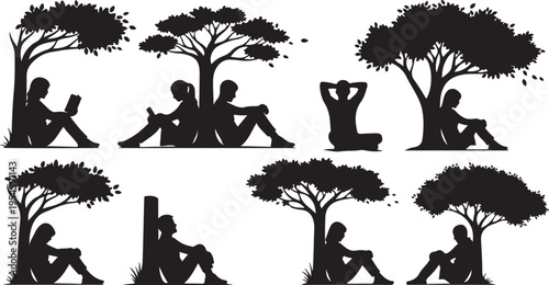 Silhouettes of people relaxing under trees in nature setting