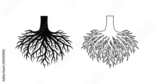 Illustration of two tree root systems in contrasting styles