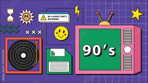 90s retro music background with cassette tape, colorful Memphis shapes and playful design for poster, banner, invitation and creative layout use