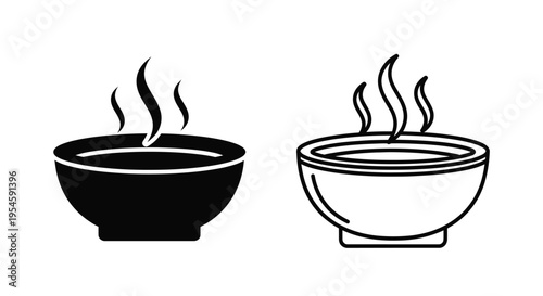 Two black and white depictions of steaming bowls of food