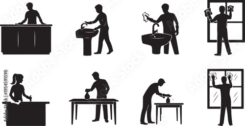 Silhouette of people working at various desks and stations