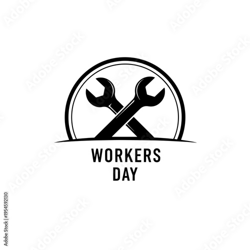 A minimalist graphic design logo for Workers Day, featuring crossed wrenches, symbolizing industry and labor in a professional and commemorative style for the holiday celebration.