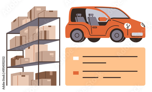 Logistics, inventory management, package delivery, supply chain, warehouse storage, courier services. Shelves filled with boxes, delivery vehicle and data interface. Logistics and inventory