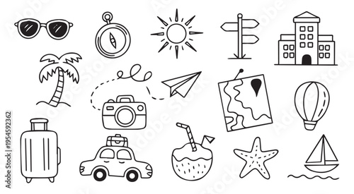 Air and adventure travel icon set for flights and tours