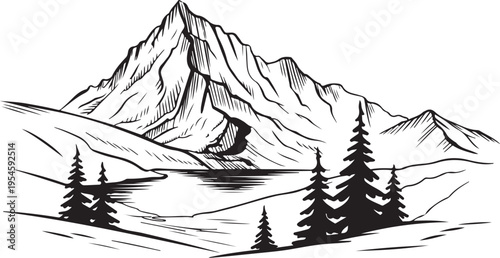 Mountain peak over lake with pine forest
