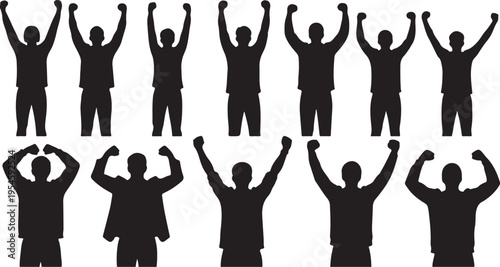 Silhouettes of people celebrating with raised arms in unison