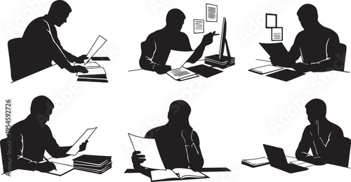 Silhouettes of people working on laptops and computers together