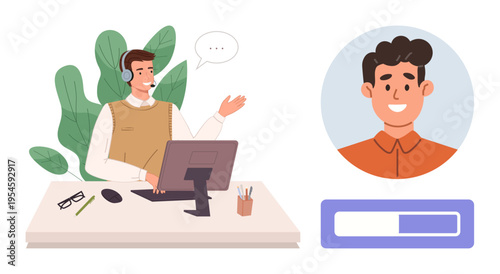 Online support, technical assistance, customer experience, virtual interaction, user profile creation, technology services. A support agent at a desk, headset on aiding user setup. Online support
