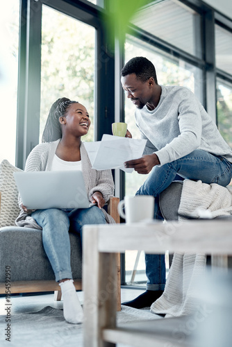 Canvas Print Smile, black couple and laptop with documents at house for finance, review budget and expenses