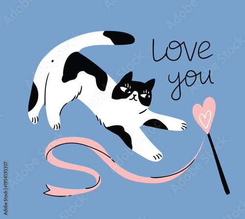 Vector valentines day greeting card with black and white cat, heart and text - love you. Love lettring animal illustration