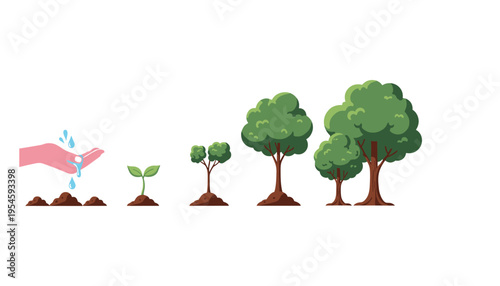 Professional Tree Growth Life Cycle Vector Illustration Featuring a Hand Watering a Seedling for Environmental Sustainability and Reforestation Branding