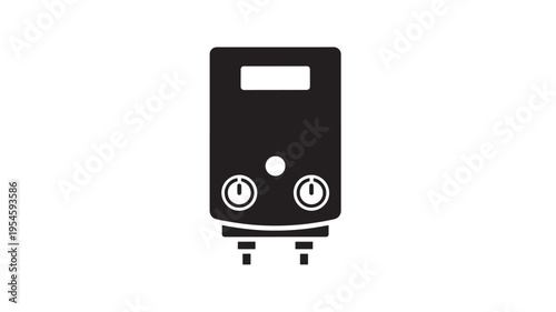 Water heater icon with on/off knobs and pipe connections, black silhouette for plumbing services. featuring boiler, appliance, symbol with technology