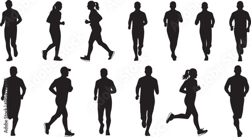 Silhouettes of people running and jogging in various poses