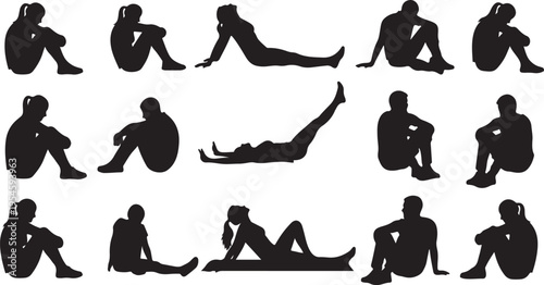 Collection of black silhouettes of people in various poses