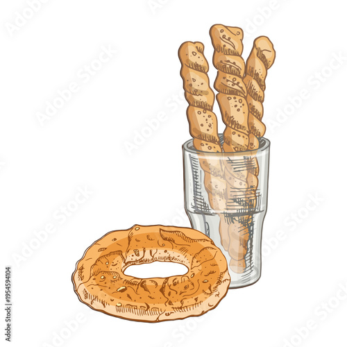 Hand drawn vintage sketch of breadsticks and bagel in glass cup bakery snack composition illustration