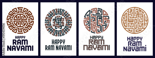 Happy Ram Navami Kufic Style Typography with Sacred Geometric Circular Pattern Hindu Festival Vector Design