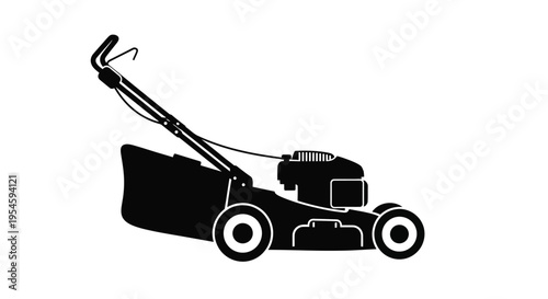 Black silhouette of a gas powered lawn mower shown in profile silhouette