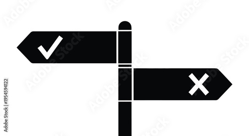 A black signpost with check and x marks a clear directional choice silhouette