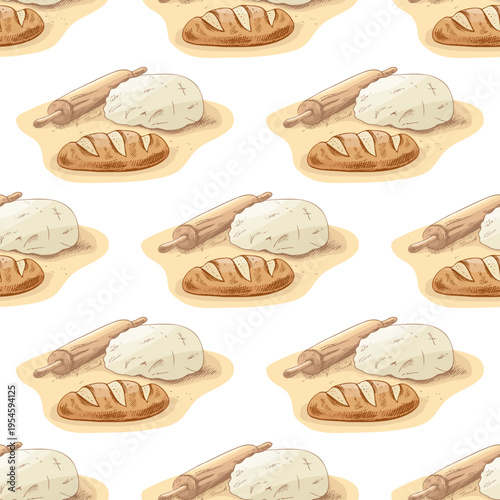 Hand drawn vintage seamless pattern of dough rolling pin and bread loaf baking process repeat texture