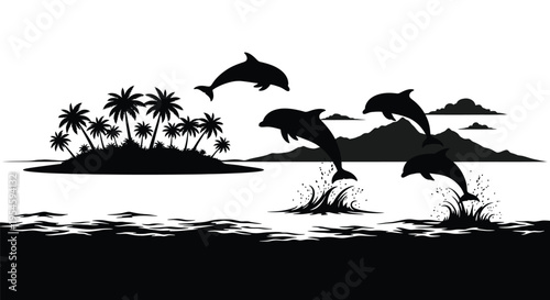 Tropical island scene with jumping dolphins in a dark silhouette