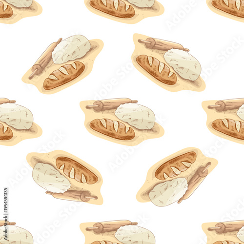 Hand drawn vintage seamless pattern of dough rolling pin and bread loaf baking process repeat texture