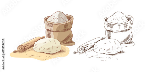 Hand drawn vintage sketch of flour sack rolling pin and dough baking process set color and outline