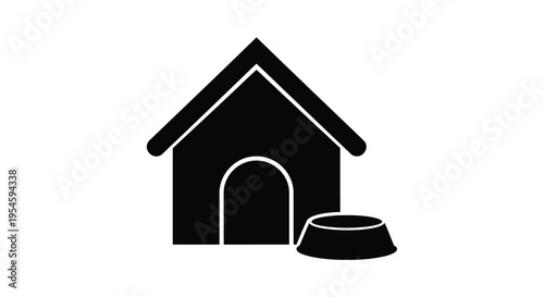 Simple black dog house and bowl depicted as a stark silhouette