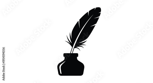 A black inkwell with a quill pen beautifully rendered as a silhouette