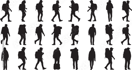Silhouettes of people walking with luggage and backpacks abroad