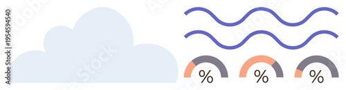 Weather forecast, climate analysis, data visualization, humidity levels, environmental monitoring, meteorological tracking. Cloud graphic, wavy lines and percentage gauges. Weather forecast