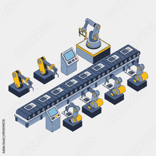 Isometric illustration of a factory assembly line with robotic arms working on products.