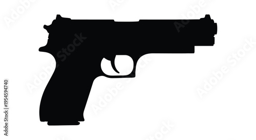 A black handgun rests on a white background a striking silhouette