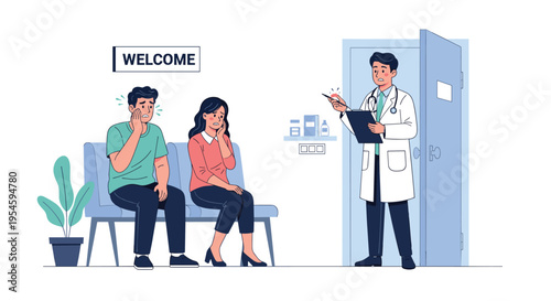 Worried patients sitting in a dental clinic waiting room while a dentist prepares to call them for their checkup appointment.