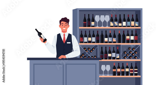 Professional sommelier standing behind a bar counter holding a bottle of wine in front of a shelf stocked with various spirits.
