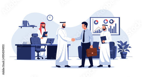 International business agreement featuring a western professional shaking hands with an Arab businessman in a modern office setting.