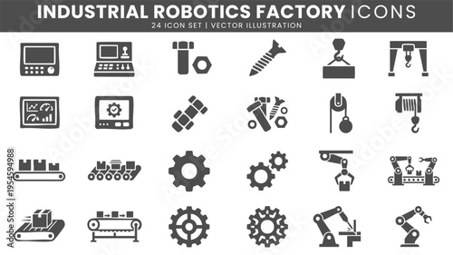 Industrial robotics factory automation icons vector set