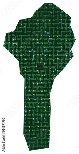 Circuit board map vector illustration of Benin – Digital PCB Territory, Transparent Background, Technology, Communication