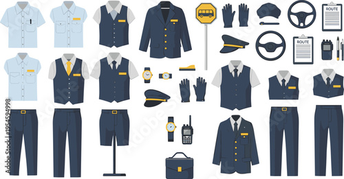 Professional bus driver uniform set and transit equipment icons featuring formal jackets, vests, shirts, pilot caps, steering wheels, route clipboards, and professional accessories.