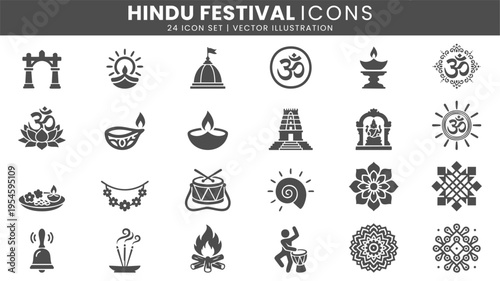 Hindu festival religious celebration icons vector set