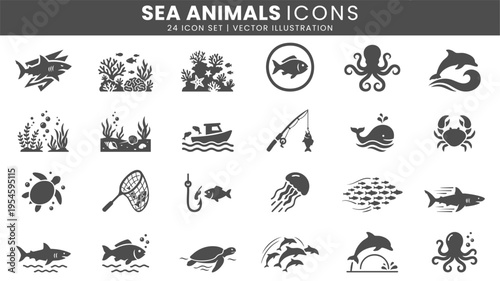 Sea animals marine life icons vector set