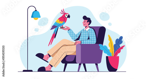 Relaxed man sitting in a purple armchair and looking at a colorful parrot perched on his hand in a comfortable living room.