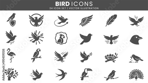 Bird wildlife nature icons vector set