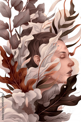 Woman surrounded by plants and leaves in a natural scene