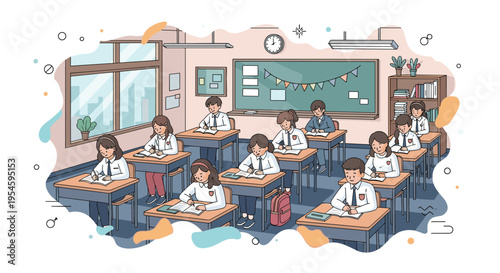 Busy classroom scene with many young students sitting at wooden desks and focusing on their lessons with a teacher at the front.