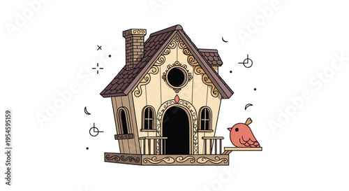 Beautifully decorated wooden birdhouse with ornate patterns and a small bird perched on its landing platform under a clear sky.