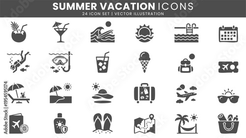 Summer vacation travel leisure icons vector set