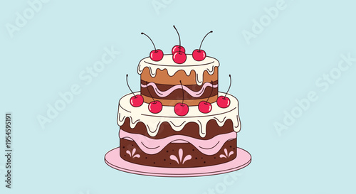 Delicious two-tier chocolate cake decorated with white frosting and many fresh red cherries on top, perfect for a celebration.