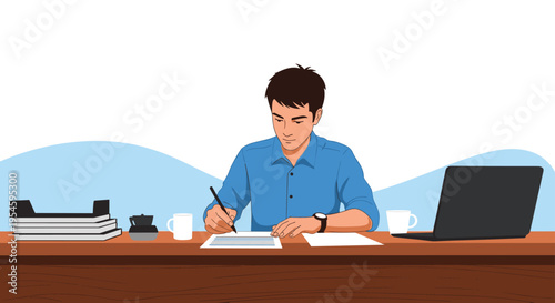 Focused man sitting at a dark wooden desk writing on documents while his laptop and a cup of coffee are placed beside him.