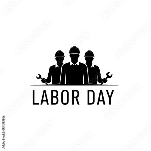A minimalist graphic illustration celebrating Labor Day featuring silhouettes of construction workers and tools embodying a commemorative and professional mood.
