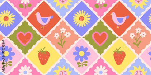 Vector hand drawn seamless pattern in simple doodle sketchy floral wavy and groovy naive style, dopamine and cottage core aesthetic, delicate gentle girlie backgrounds and modern art prints,